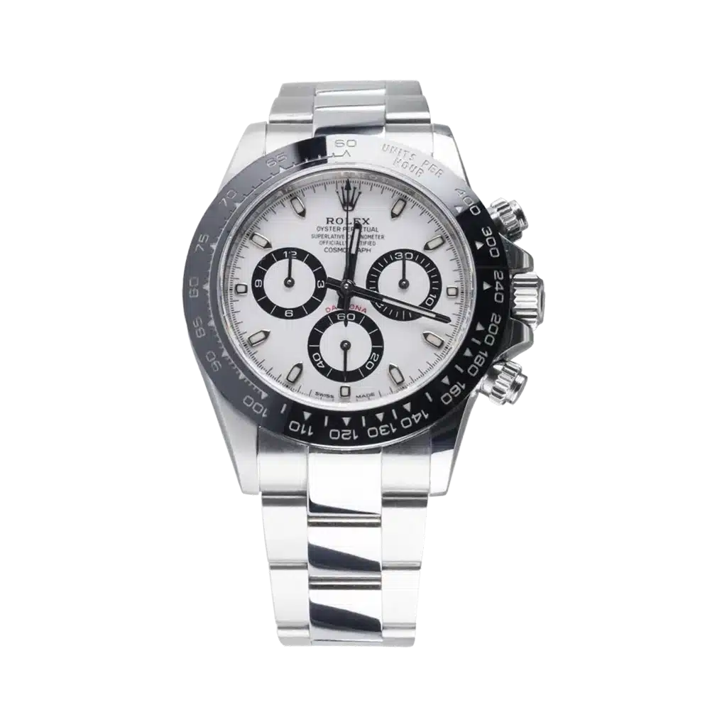 Rolex Daytona luxury watch in silver color and white panda dial available at Vlassco